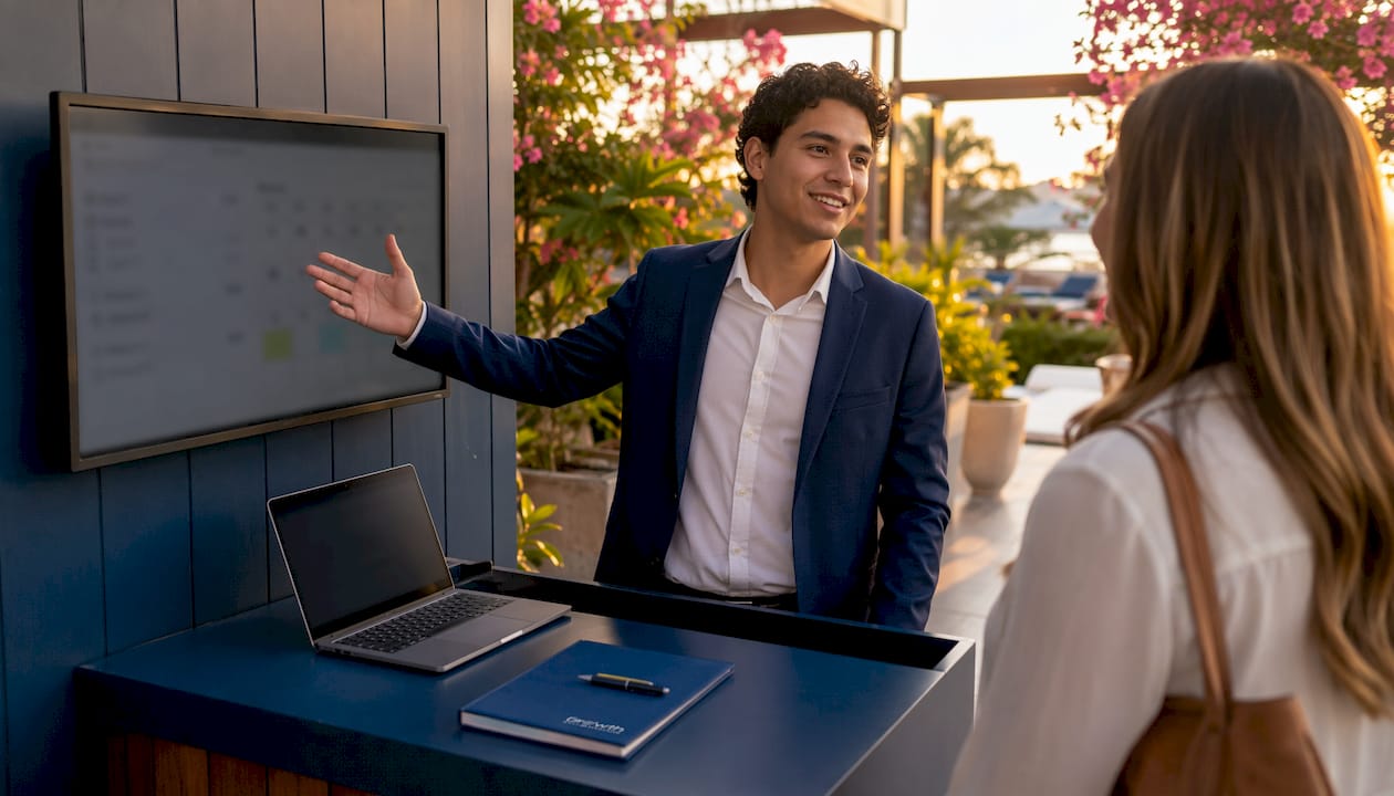 Receptionist showing booking calendar screen