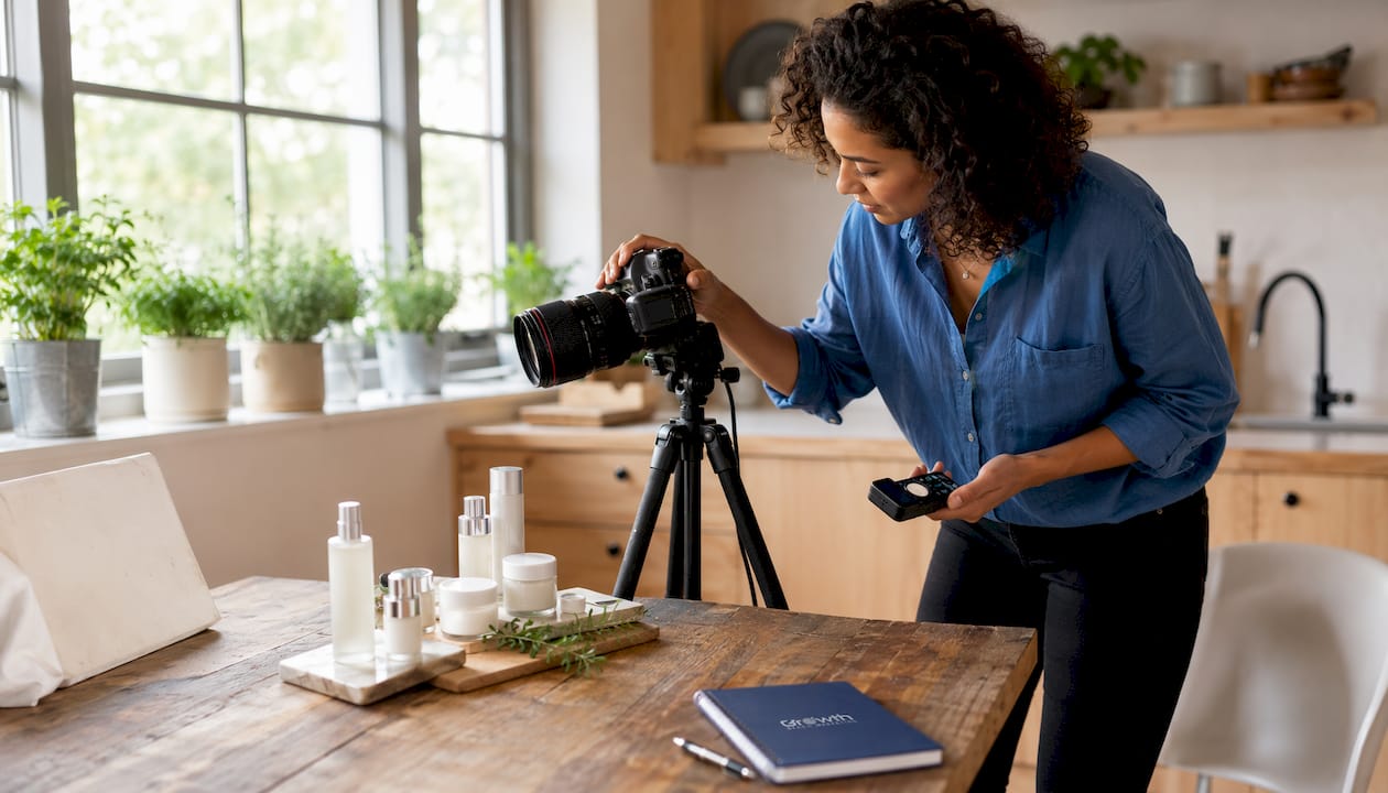 Photographer setting up beauty product shoot in studio