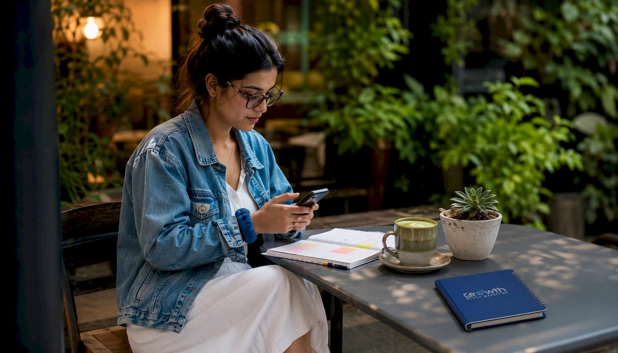 Woman updating beauty brand bio on smartphone in café