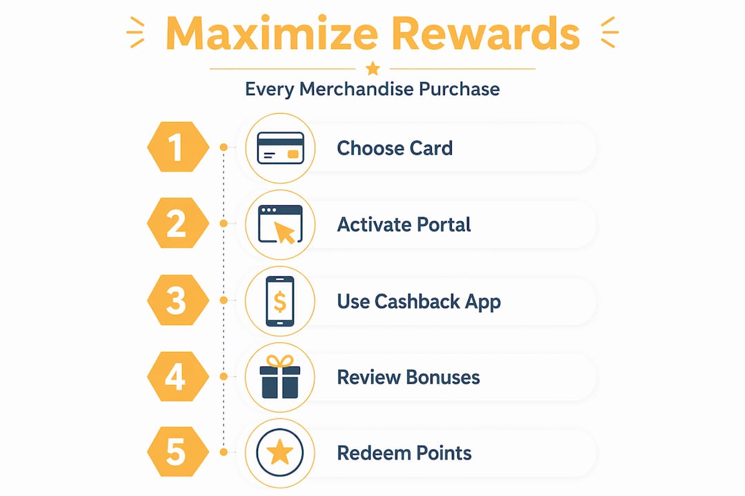 Infographic showing steps to maximize merchandise rewards