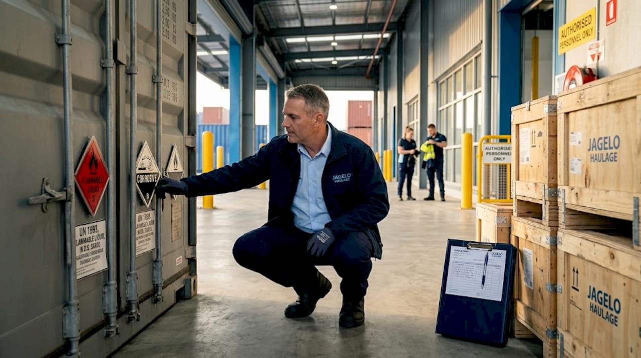 Supervisor inspects hazardous container labeling