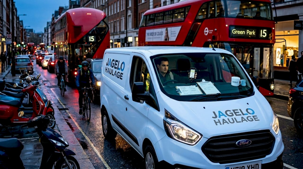 Delivery van navigating slow London traffic