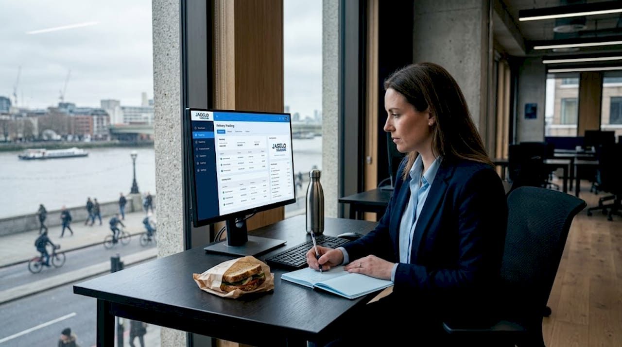 Logistics manager tracking deliveries in city office