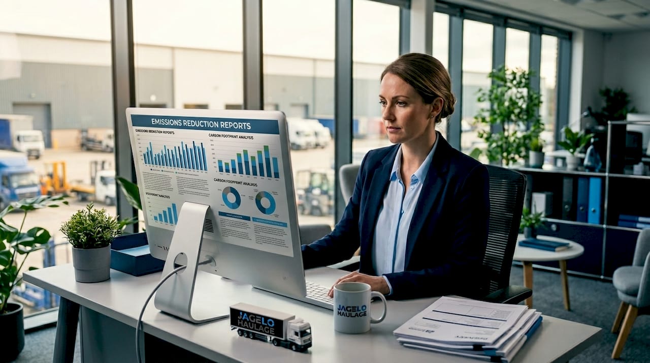 Logistics manager reviewing sustainability reports at desk