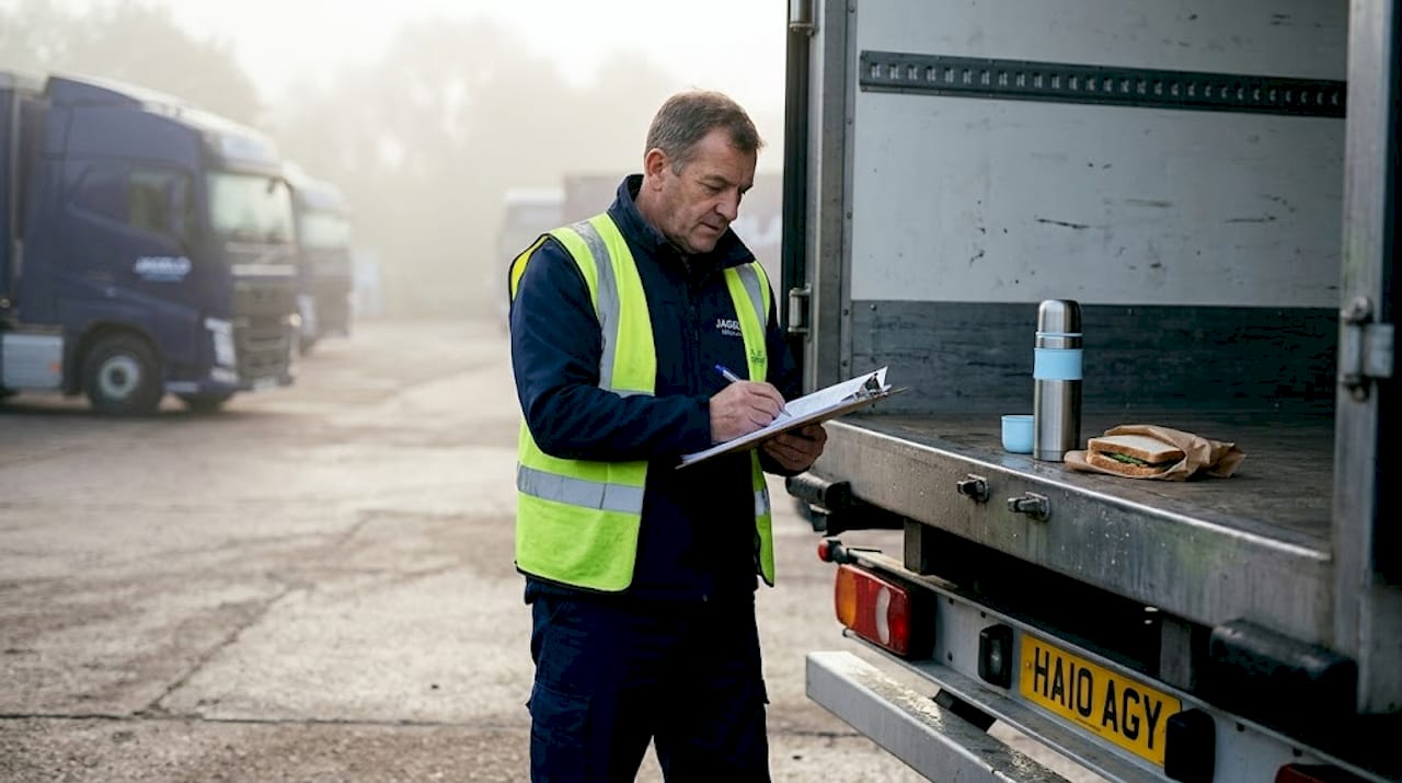 HGV driver checking paperwork at UK depot