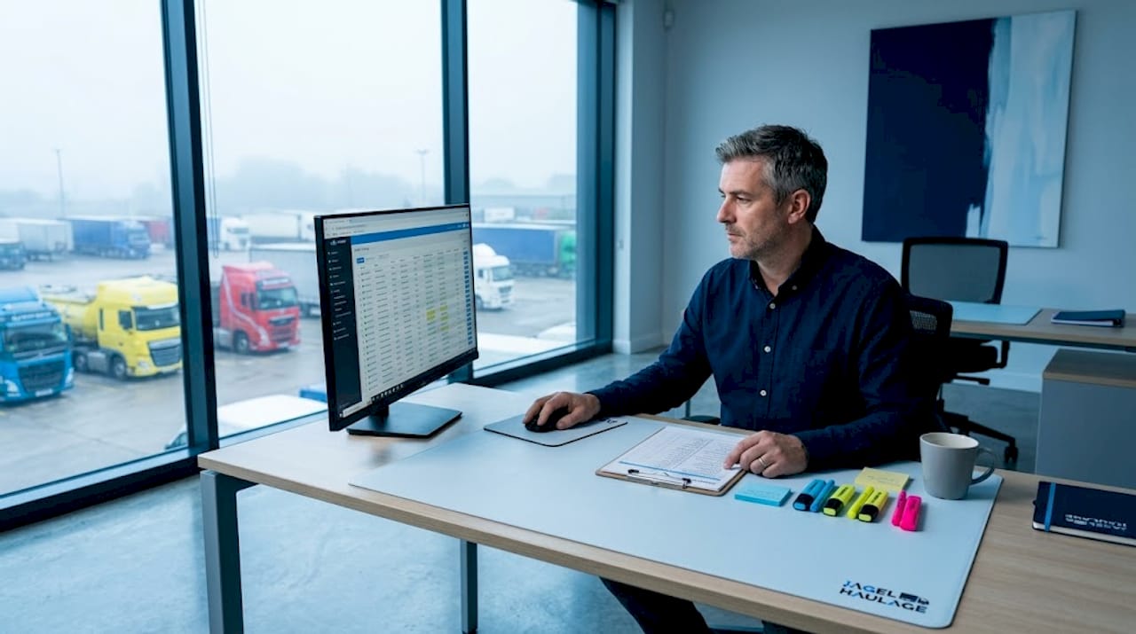 Logistics manager reviews haulage fleet reliability