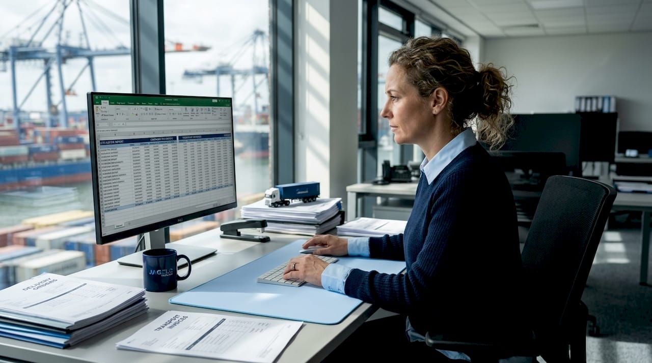 Operations specialist reviewing haulage costs spreadsheet