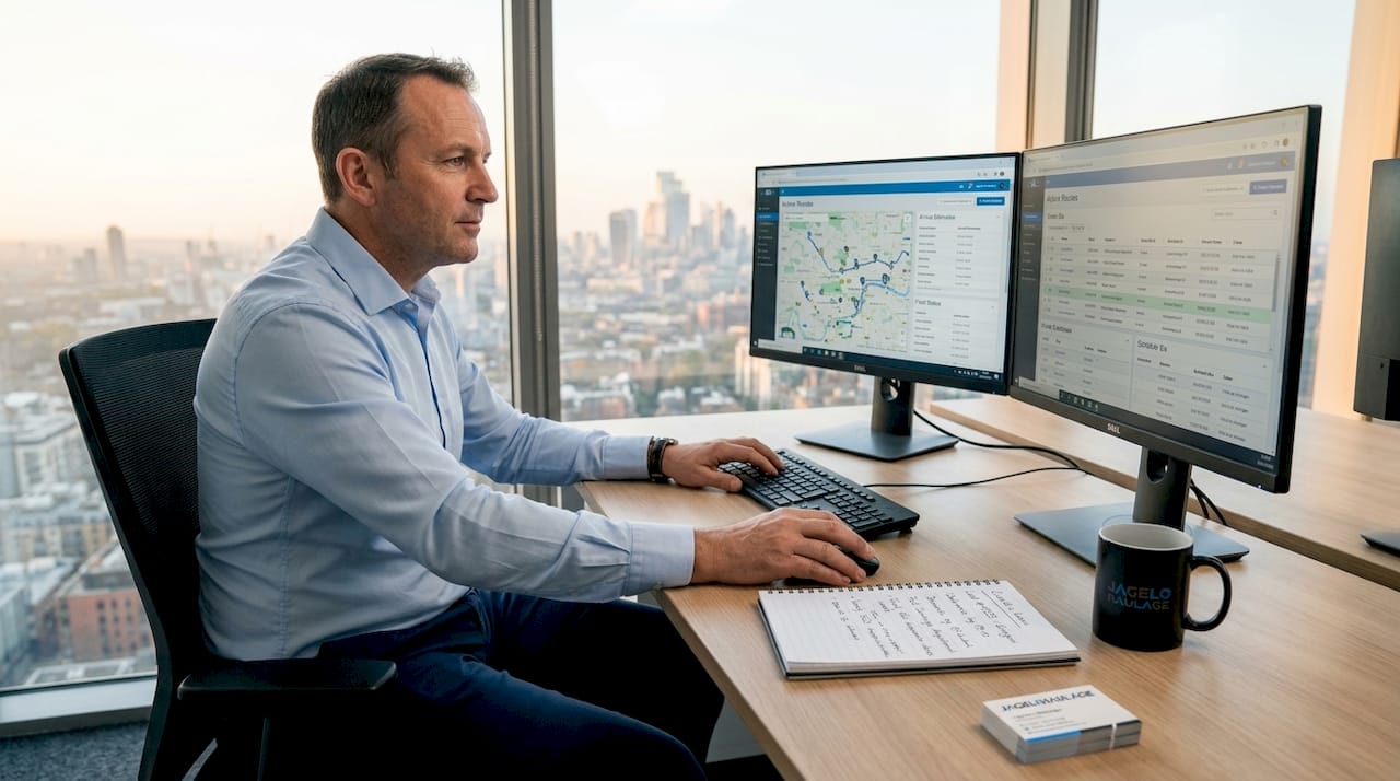 Logistics manager reviewing fleet management data