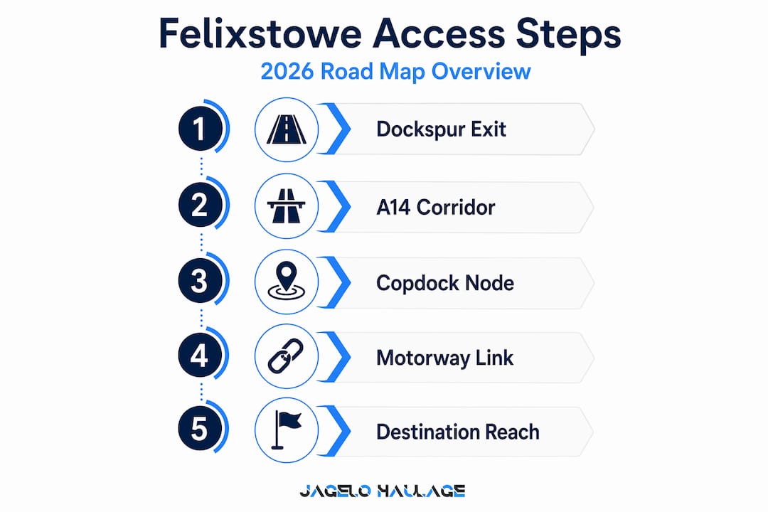 Vertical infographic showing Felixstowe access steps