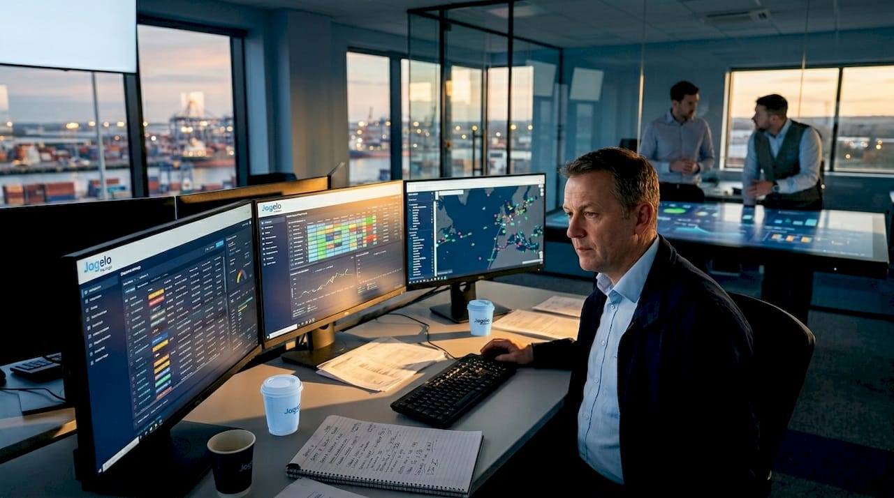 Manager at digital port control room workstation