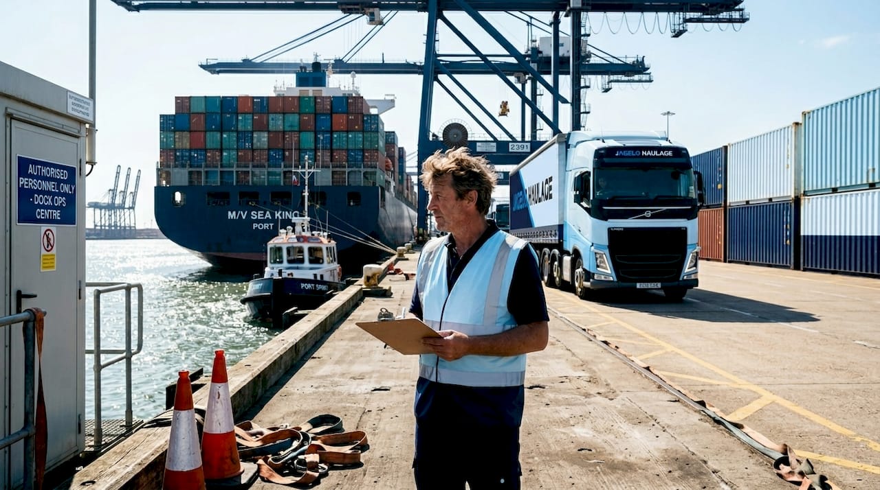 Dockworker watching sunrise operations at UK port