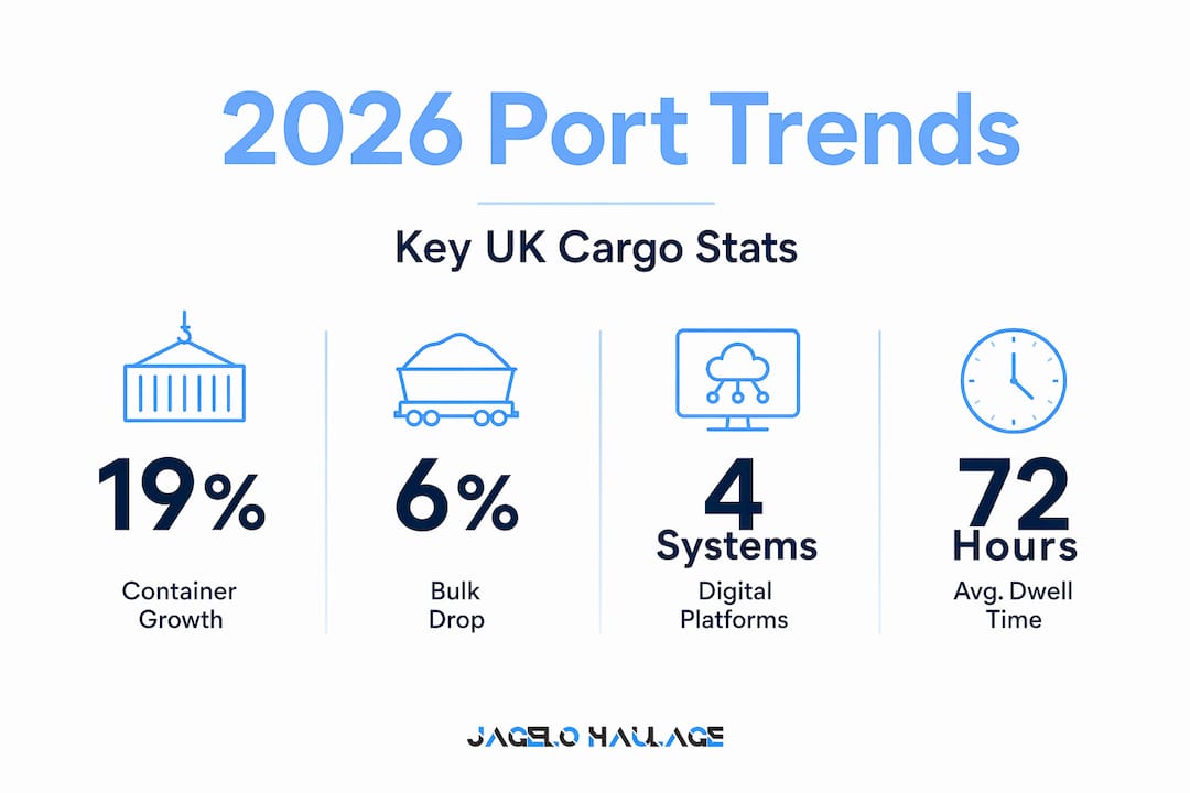 Infographic with port trends, cargo growth, digital platforms