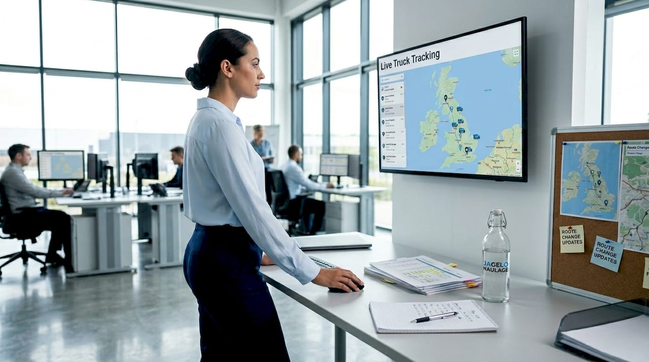 Coordinator checks GPS fleet tracking monitor