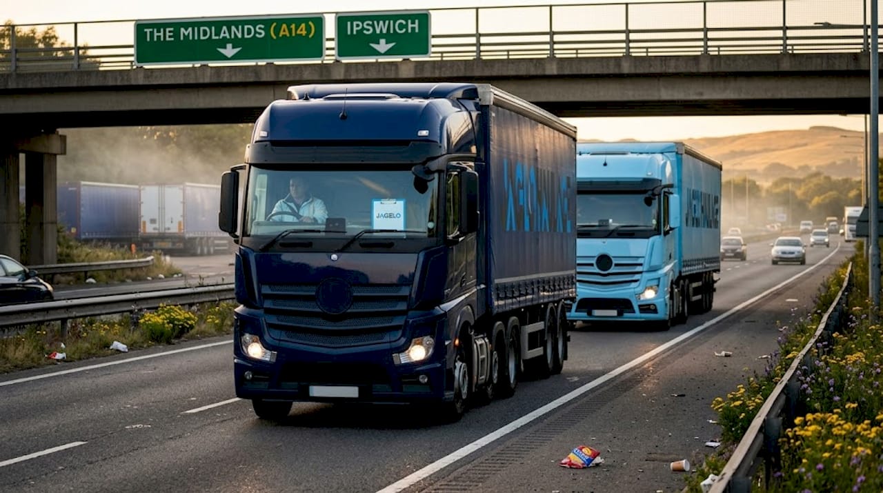 Cargo trucks on A14 corridor near port