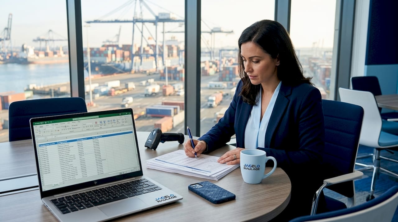 Coordinator reviewing shipping manifest at desk