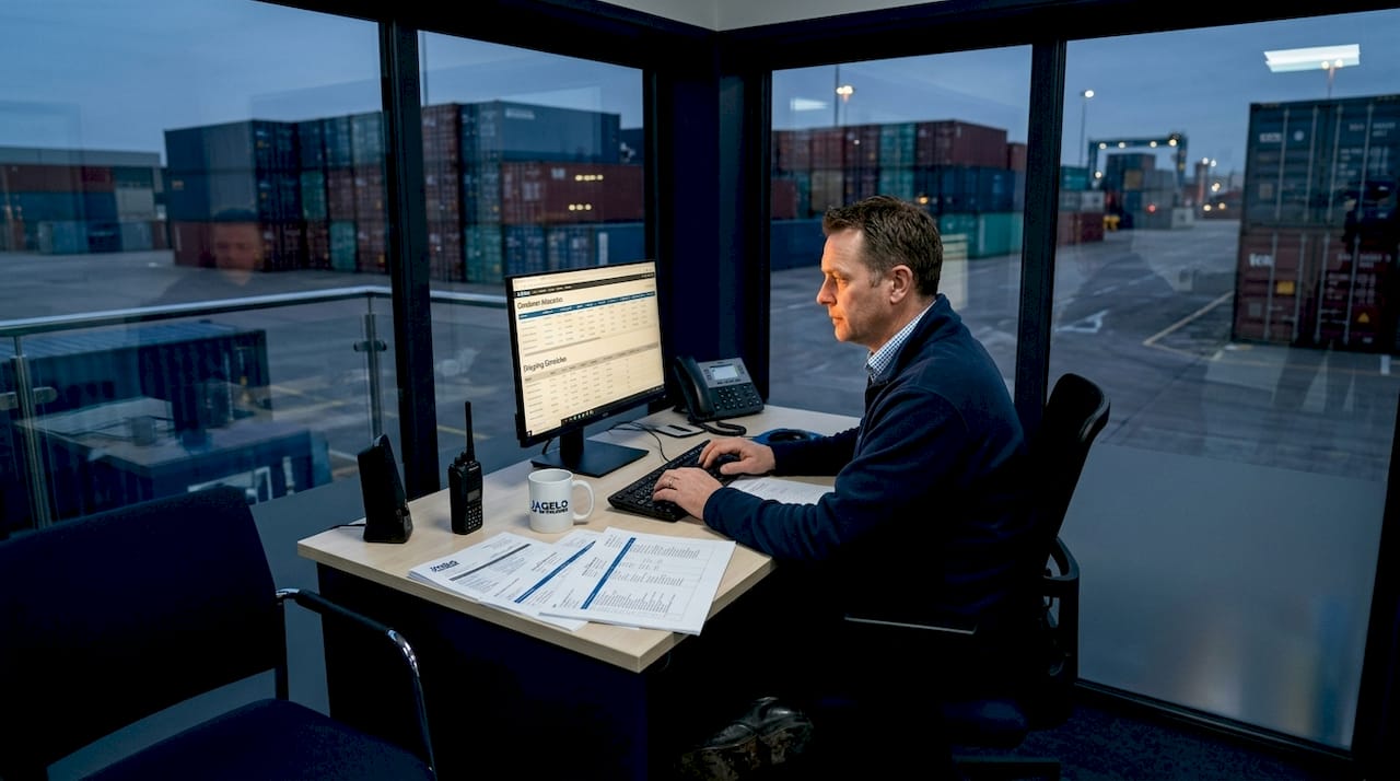 Port manager working overlooking container stacks