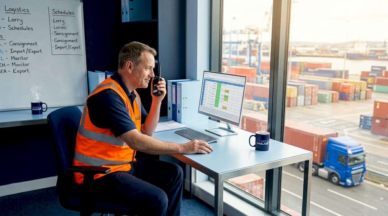 Coordinator managing truck bookings at Felixstowe port