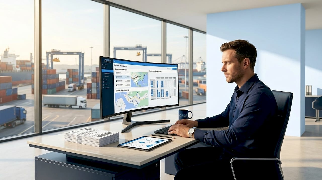 Logistics manager reviewing shipment schedules at desk
