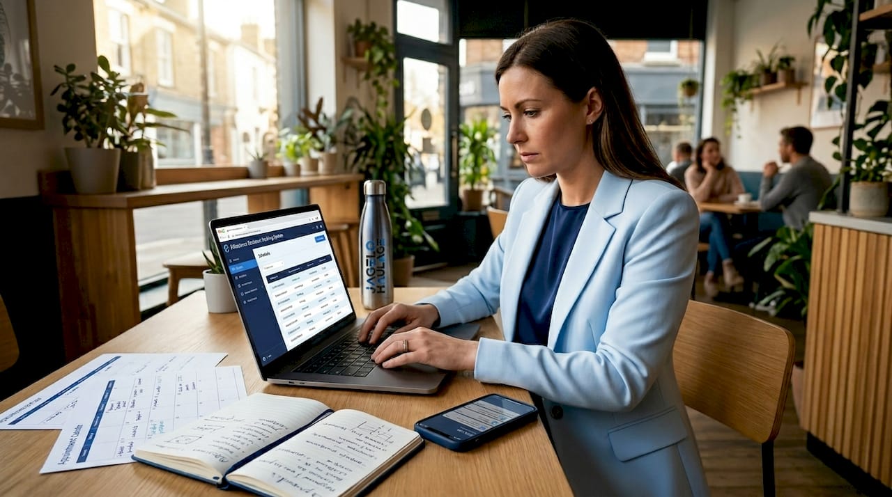 Coordinator using container booking system on laptop