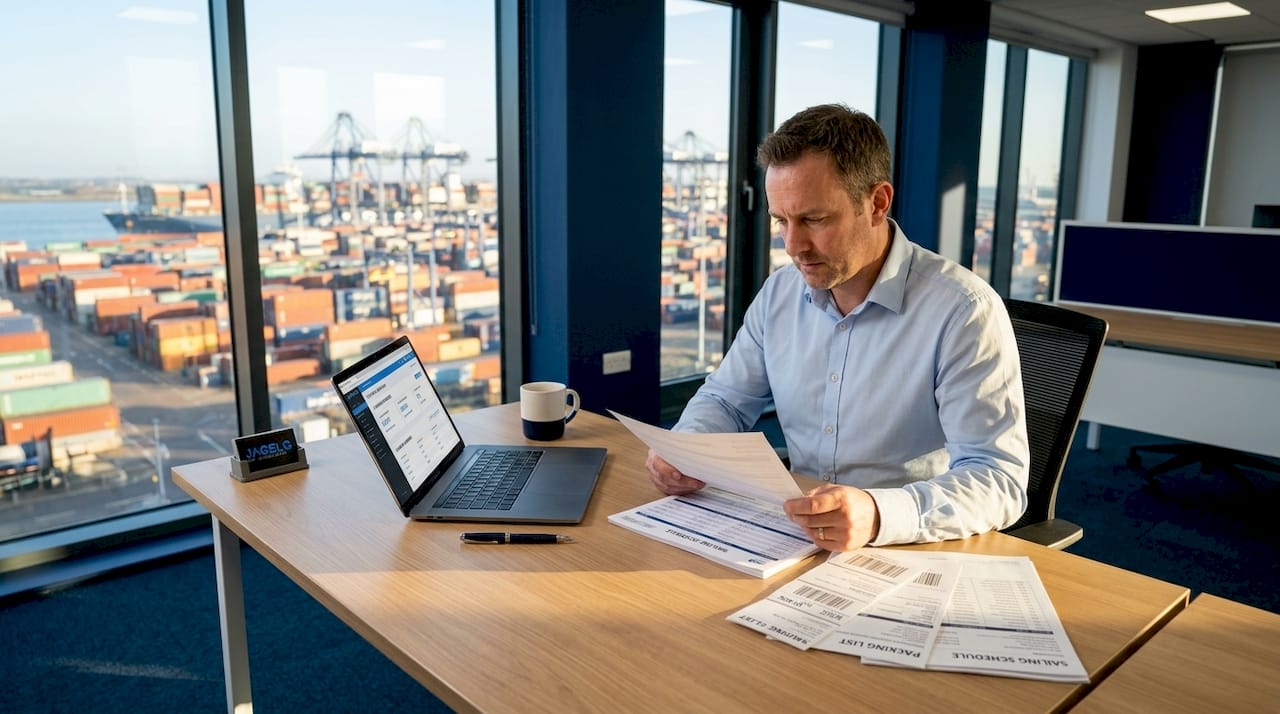 Logistics manager reviewing Felixstowe container bookings