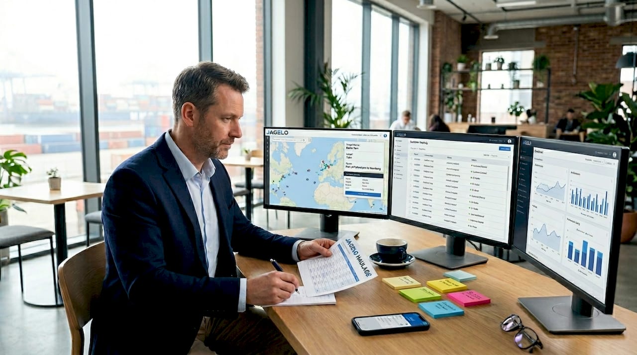 Manager using multiple tracking systems at desk