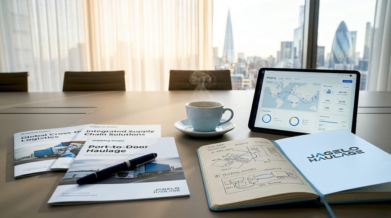 Brochures comparing UK shipping models on table