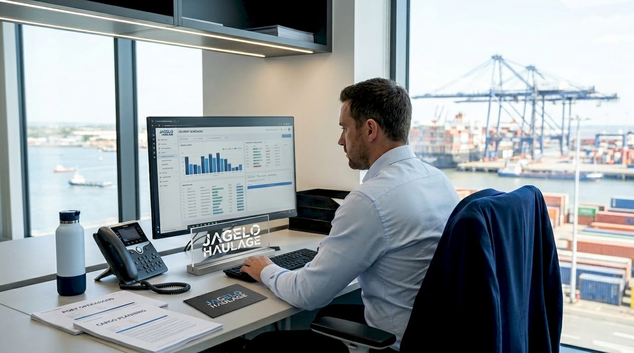 Logistics manager at desk with port view