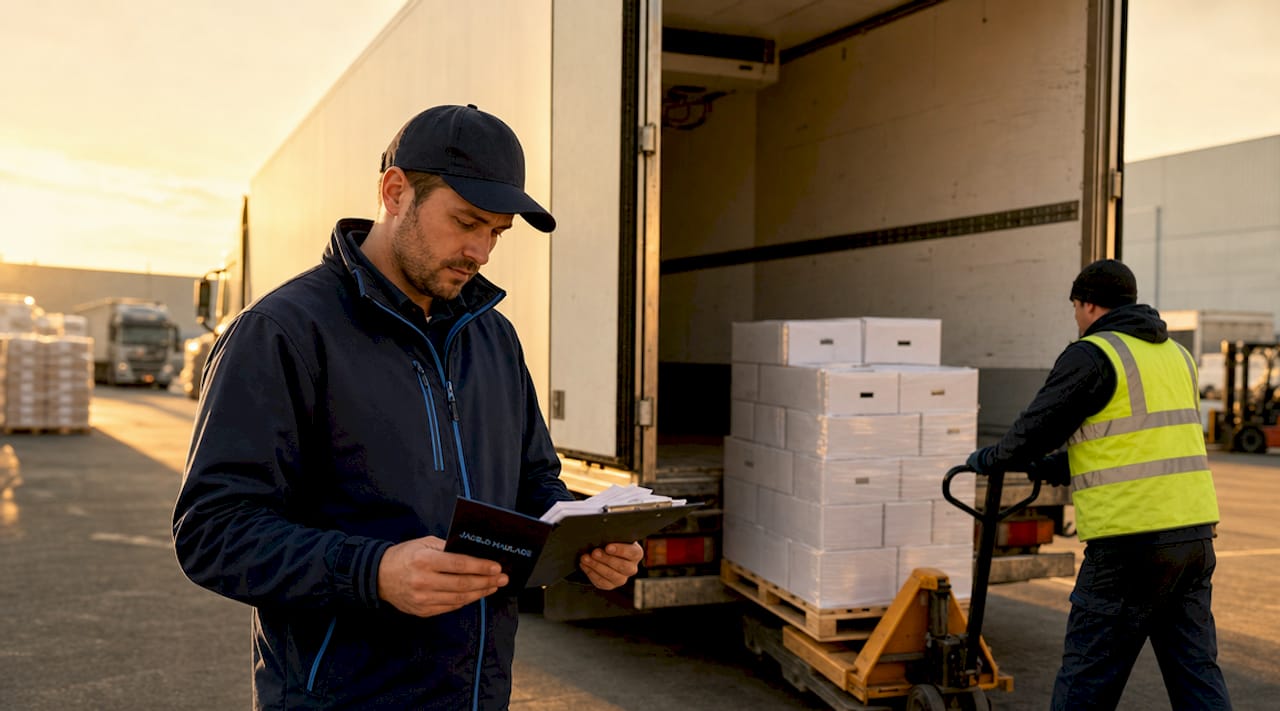 Driver checking paperwork near refrigerated truck loading