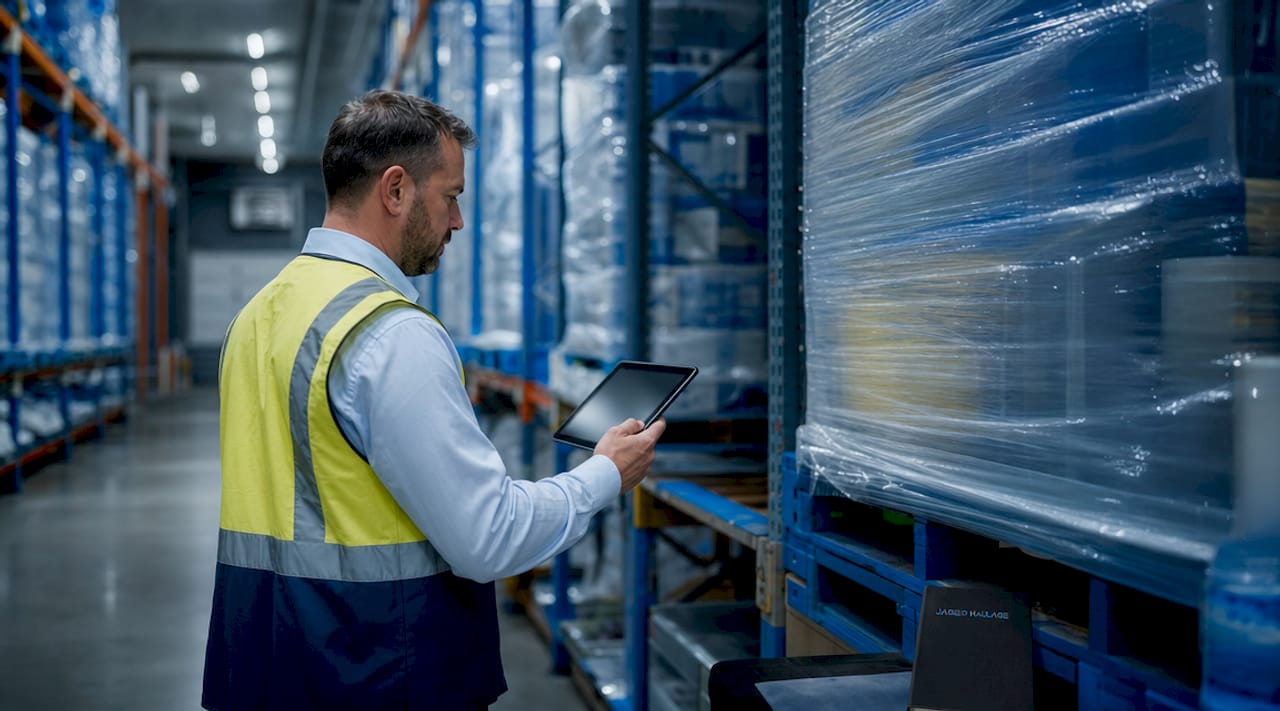 Manager checking tablet in refrigerated warehouse