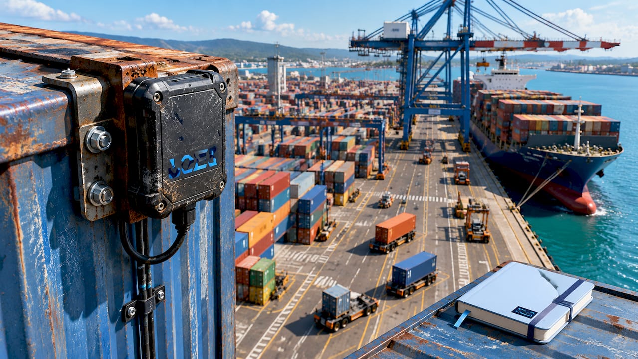 GPS tracker on shipping container corner