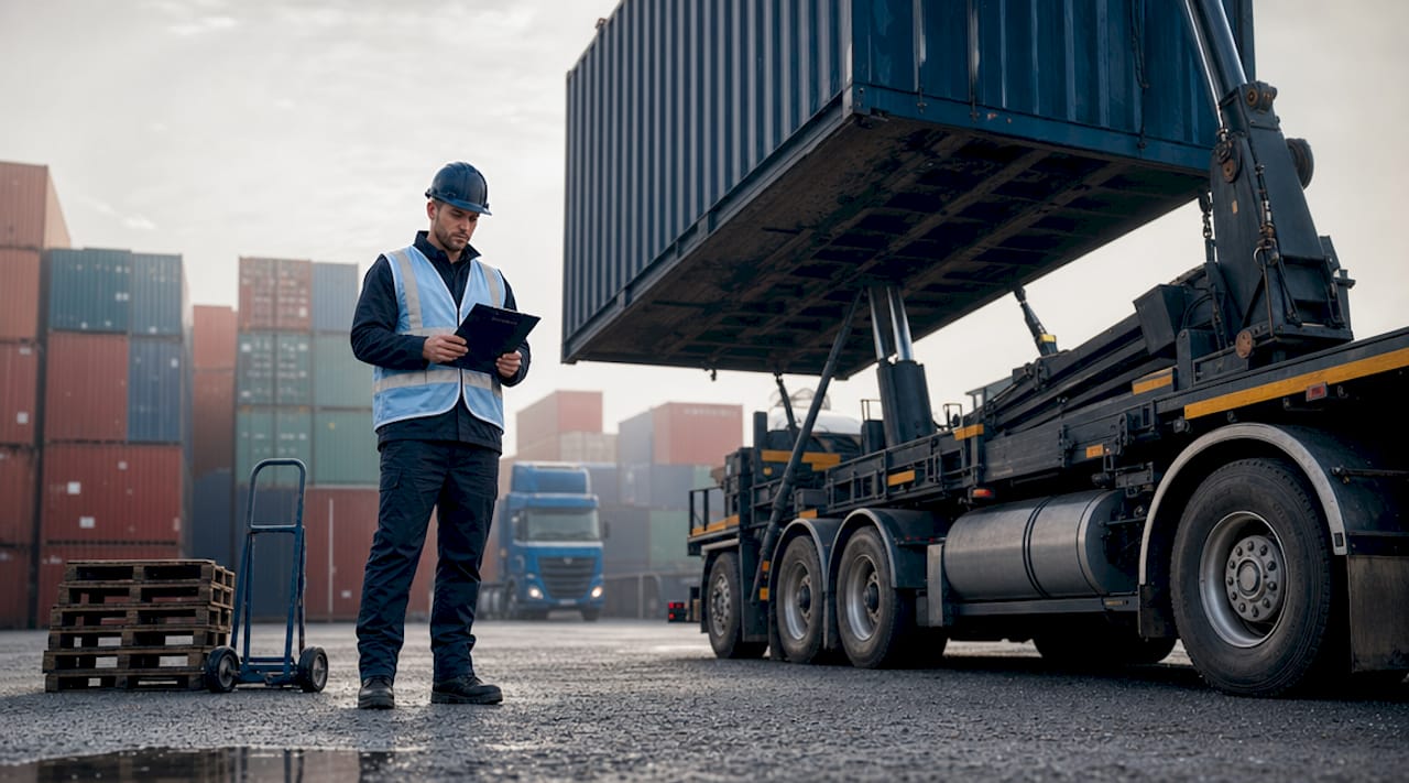 Supervisor overseeing container loading with sidelifter truck