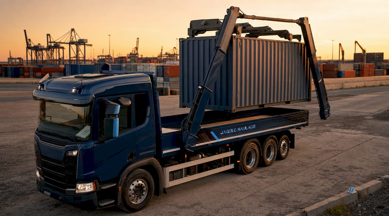 Close-up of sidelifter arms lifting container