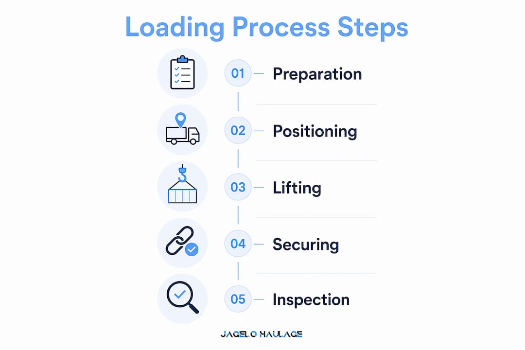 Infographic illustrating container loading steps from preparation to inspection
