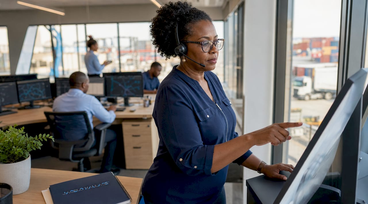 Logistics coordinator monitoring cargo tracking screens