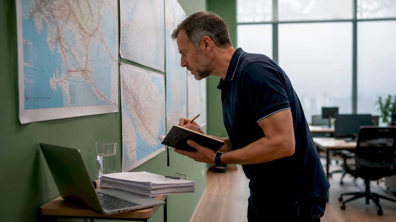 Logistics manager reviewing freight route maps