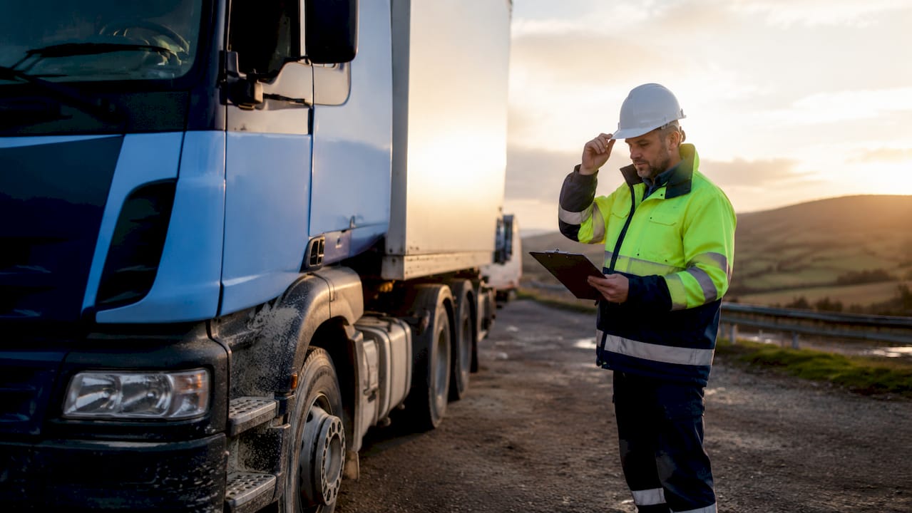 Dedicated haulage truck and workers at container port
