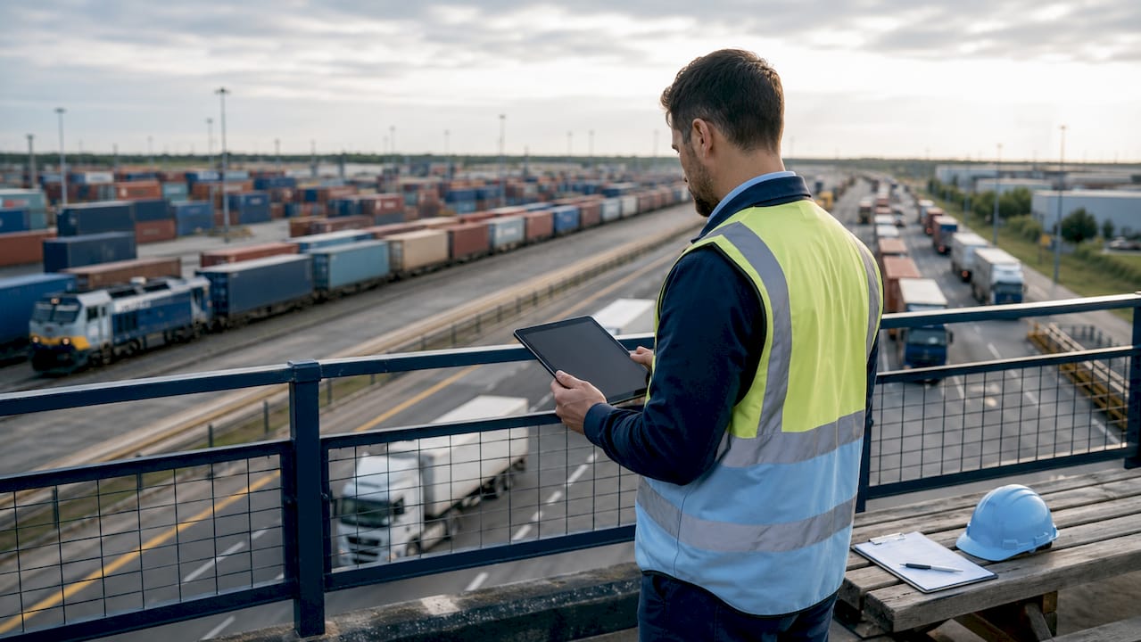 Overhead view of intermodal freight terminal with coordinator