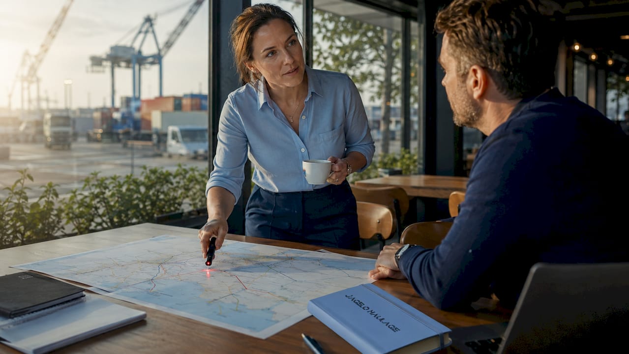 Logistics manager reviewing container haulage map