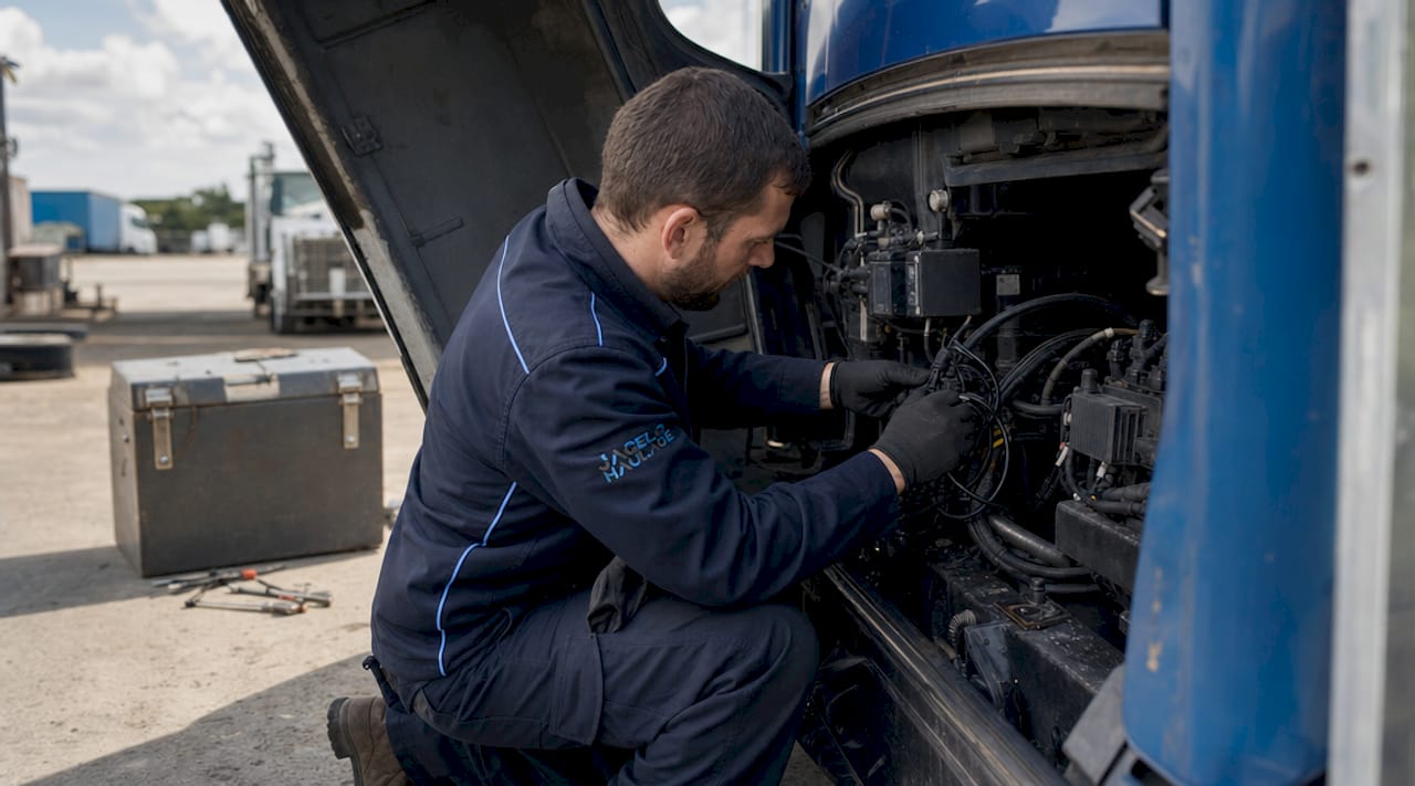 Technician installing hardwired telematics in truck engine