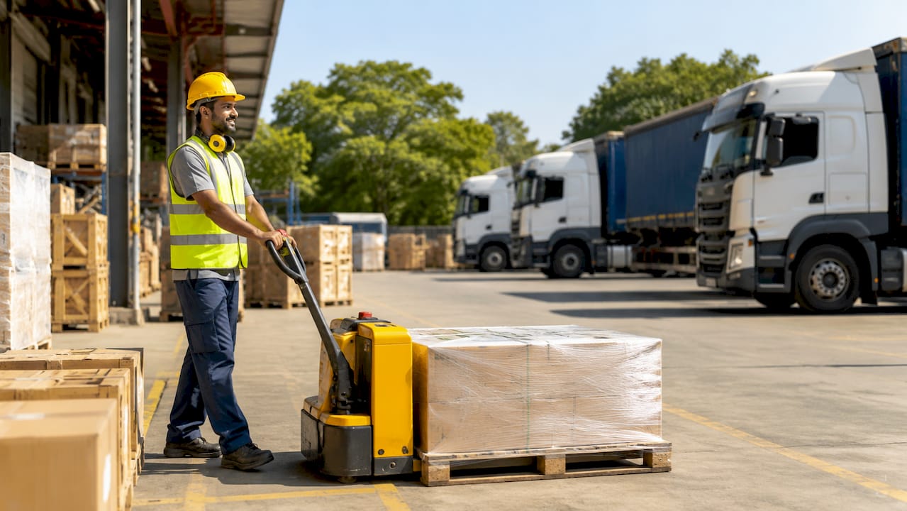 Warehouse worker moving pallets to haulage trucks
