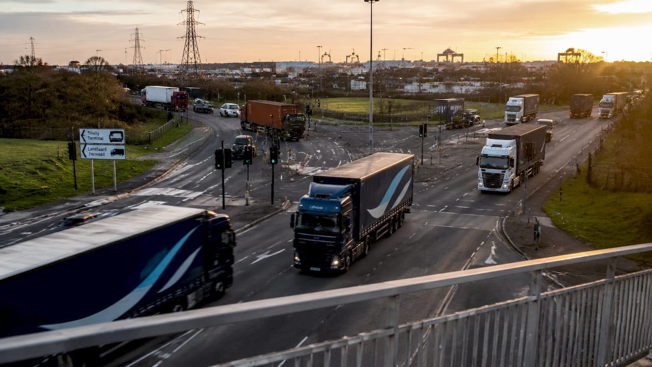 A14 road junction with trucks accessing Felixstowe Port terminals