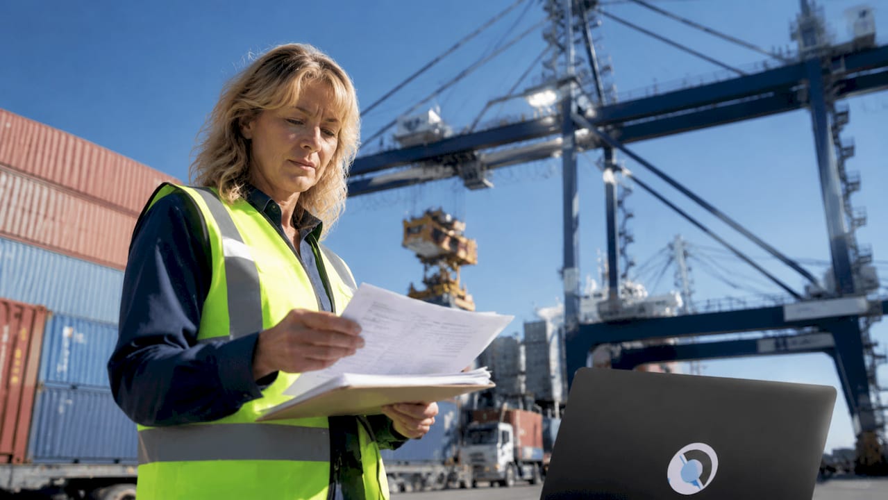 Logistics coordinator reviewing truck entry documents