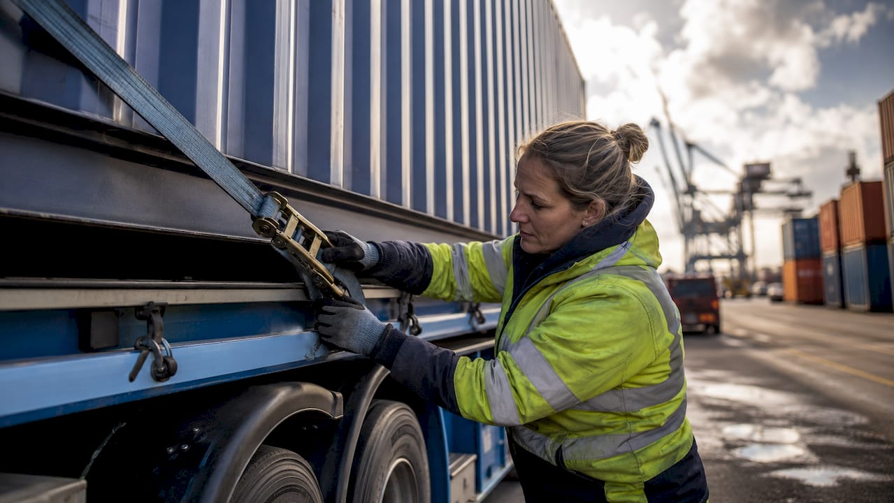 Operator securing overweight container at UK port yard