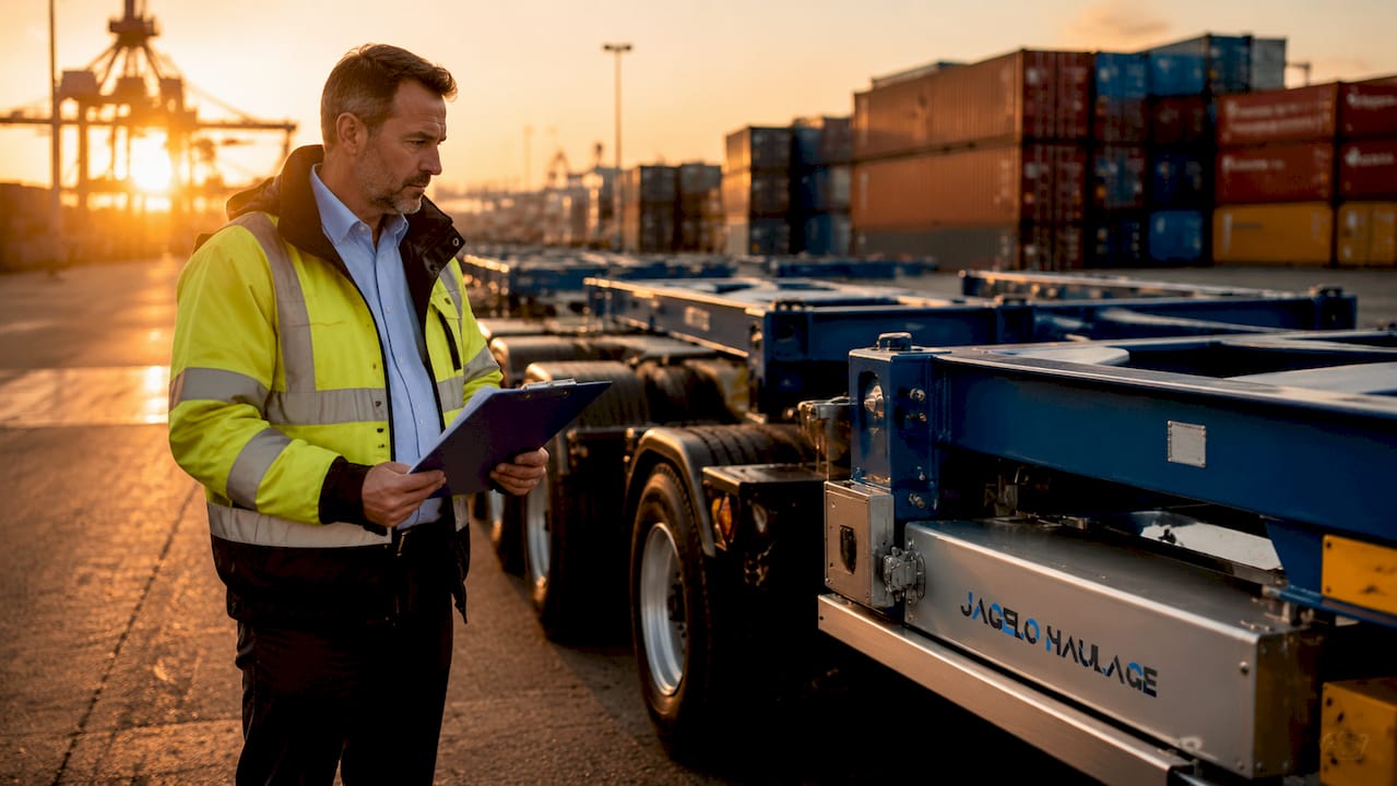 Manager inspecting various container haulage trailers