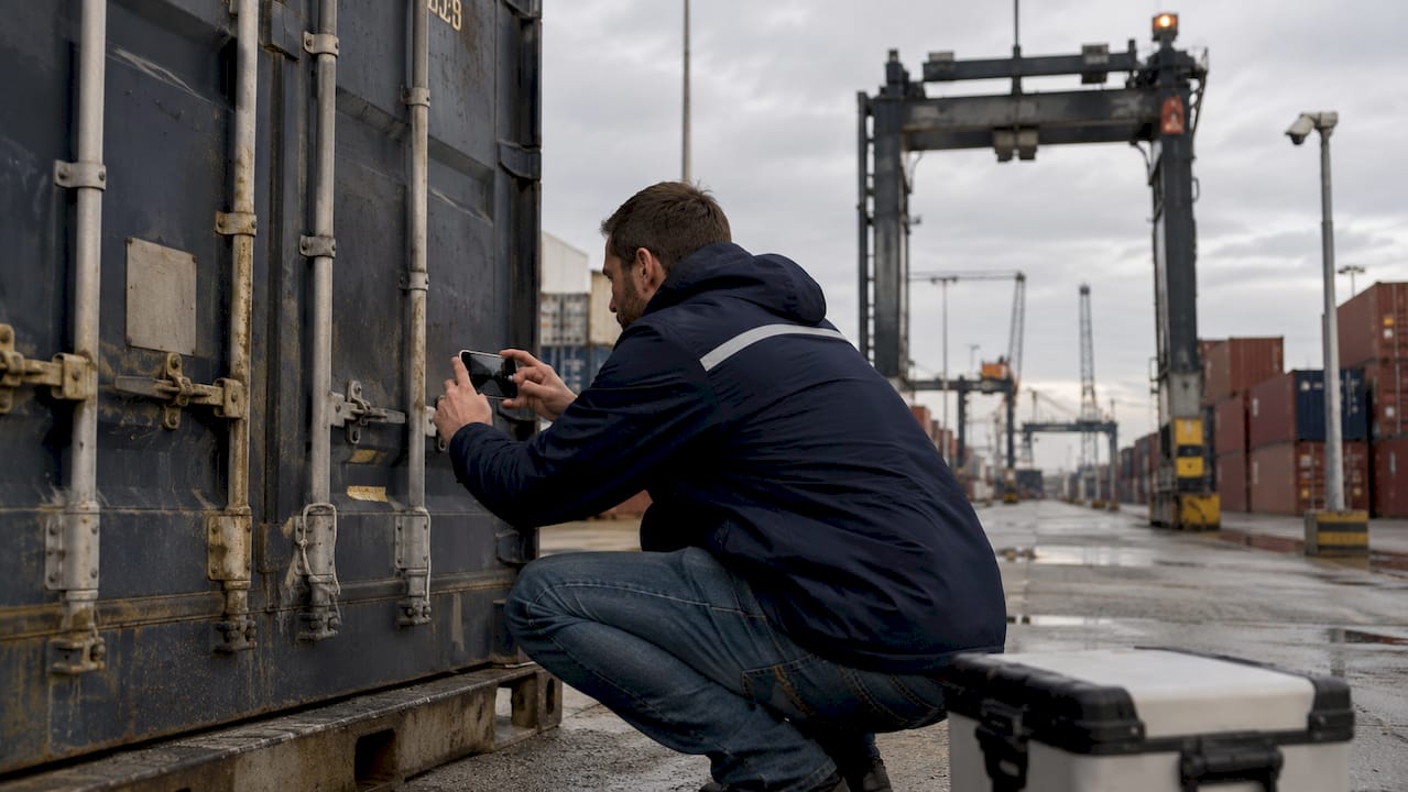 Haulier photographing container ID at Felixstowe port