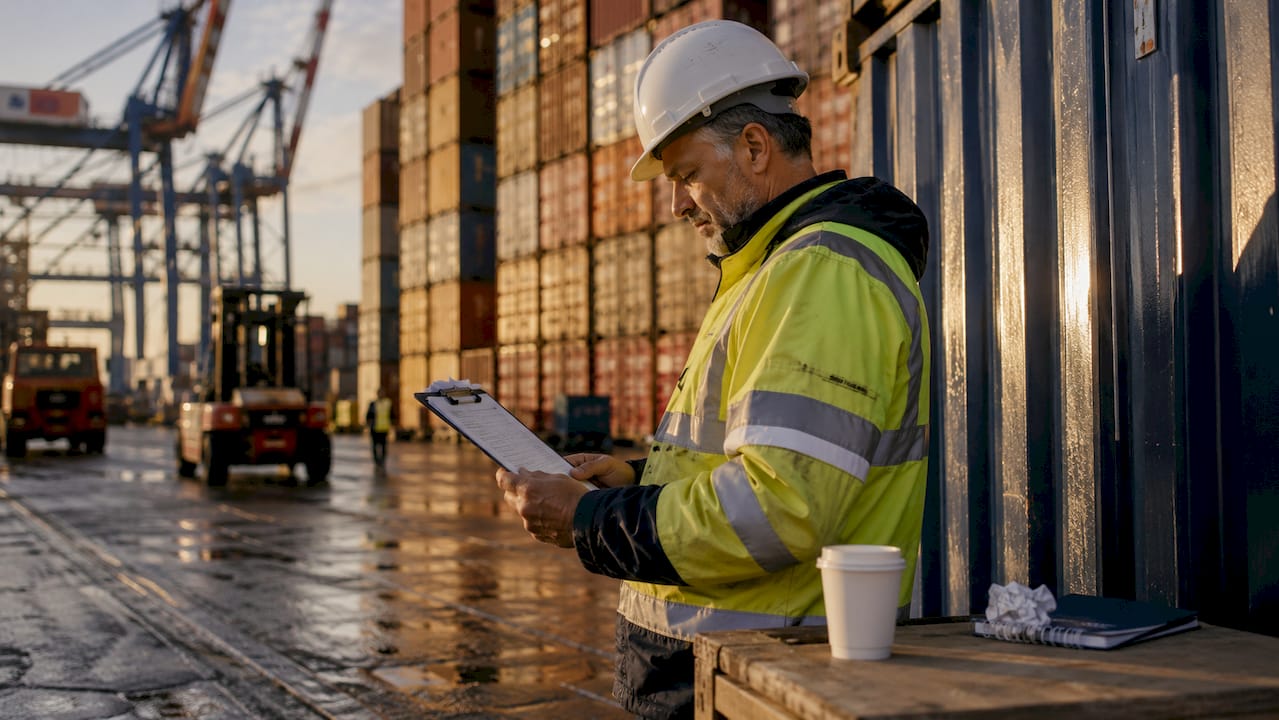 Logistics manager reviewing container checklist at UK port