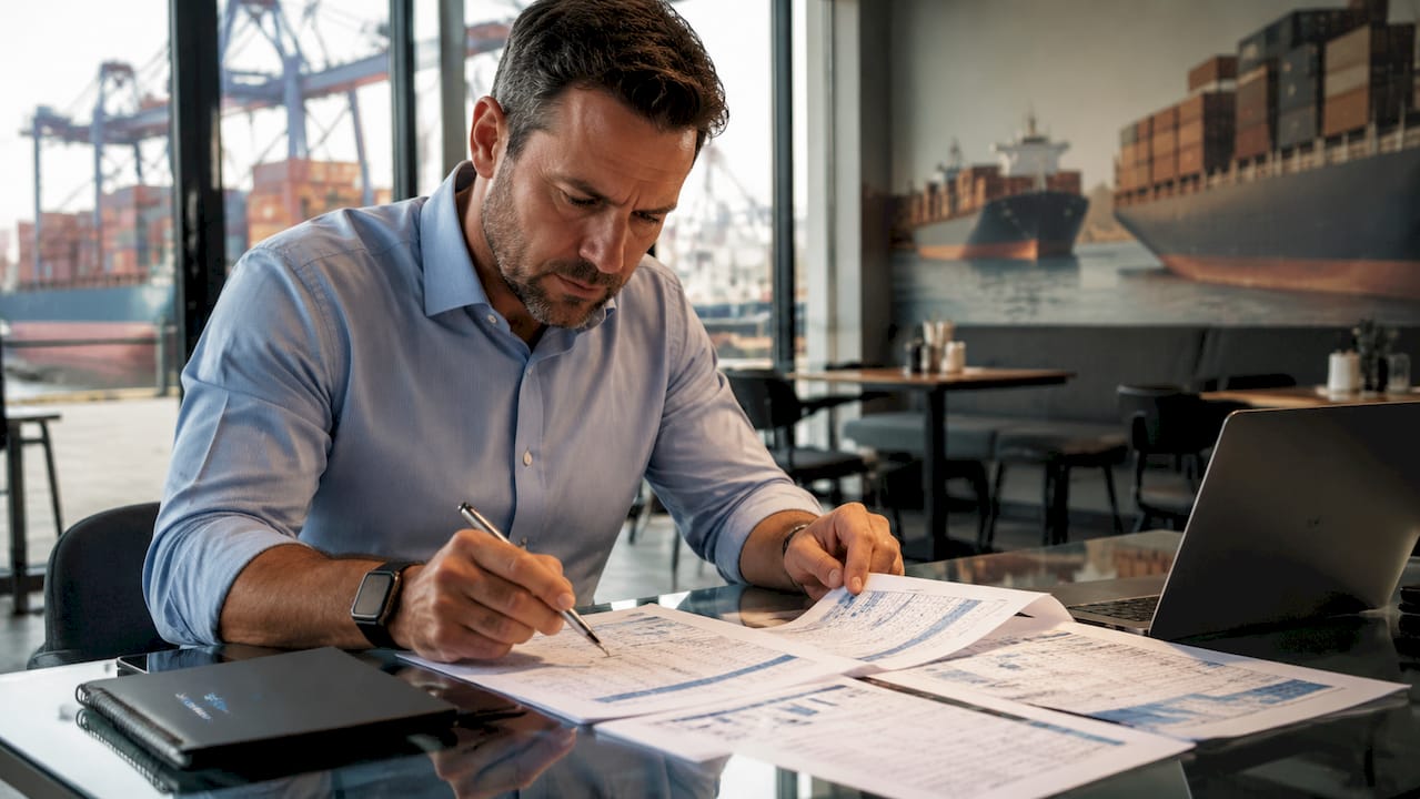 Logistics manager reviewing haulage pricing sheets