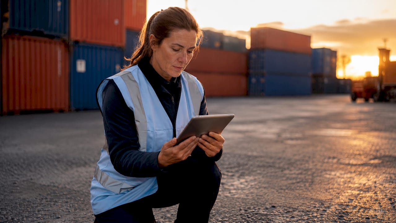 Hands holding tablet near shipping containers