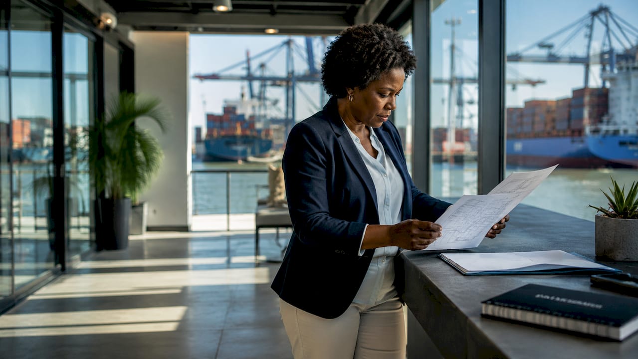 Woman reviewing port plans in office