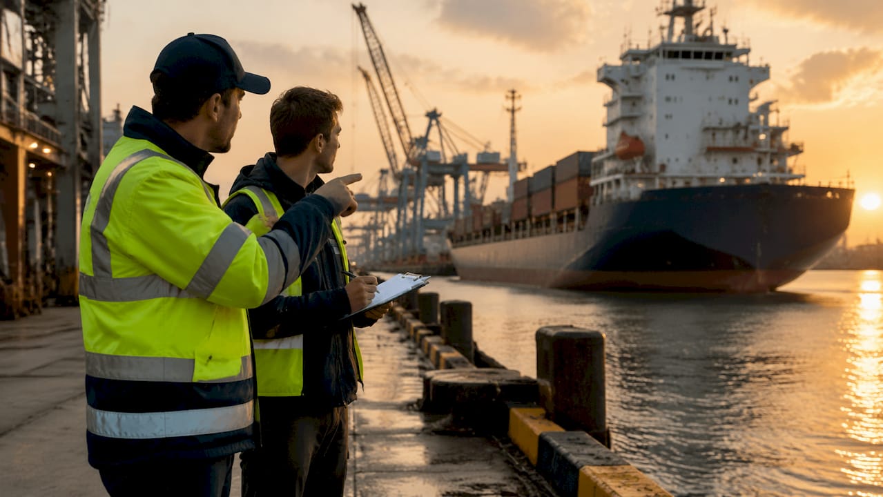 Port official inspecting ship on river dock